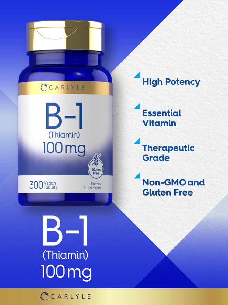 Carlyle B-1 (Thiamin) 100 mg, vegan-friendly, 300 tablets. Bulk container hand-scale image for easy visual comparison.