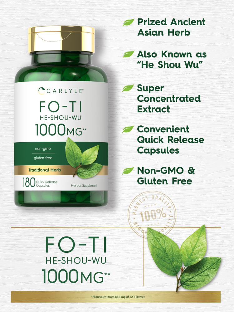 180 quick release capsules of Fo-Ti He-Shou-Wu, 1000 mg equivalent from 83.3 mg of 12:1 extract, shown on a hand scale.