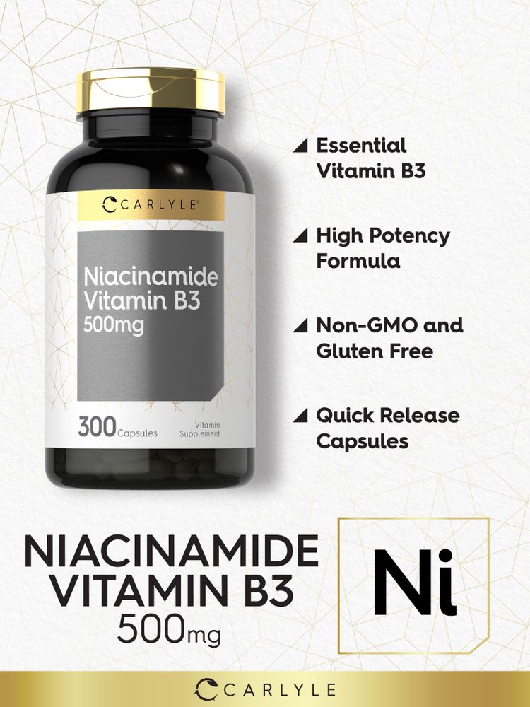 Hand holding Niacinamide Vitamin B3 capsules, 500mg, 300 count bottle.