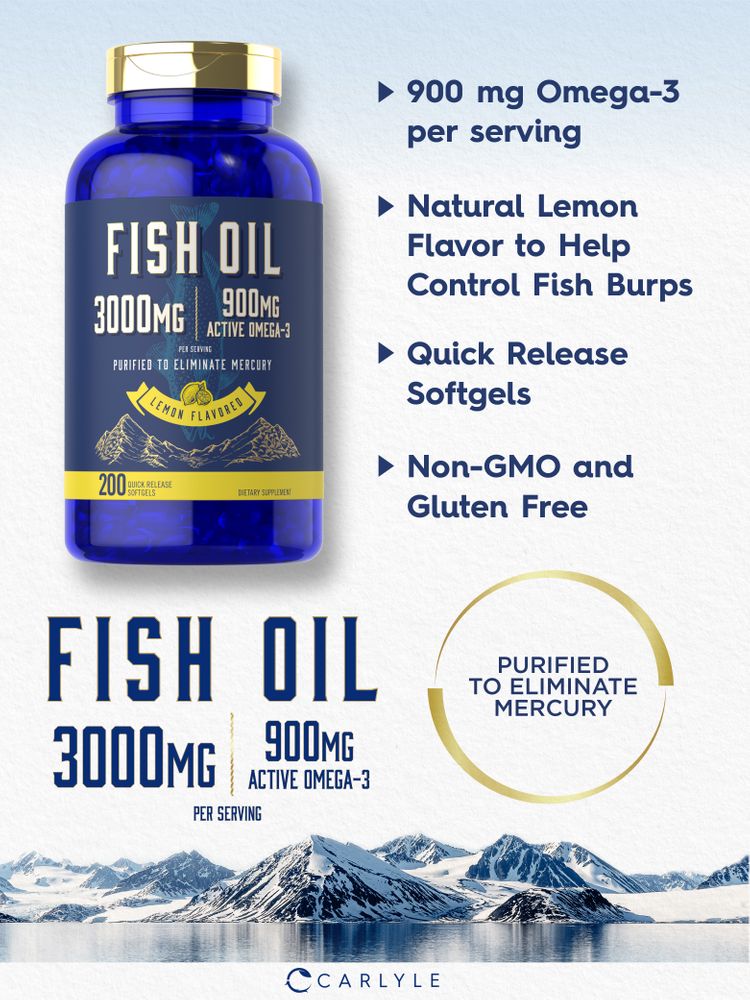 Carlyle Fish Oil 3000mg with 900mg active Omega-3 in 200 quick release softgels displayed on a hand scale.