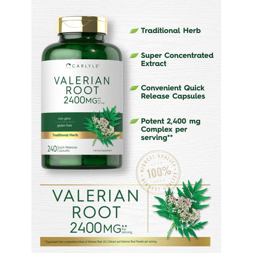 View 3 2400 mg Valerian Root Quick Release Capsules, 240-count bottle shown on a hand scale to indicate bulk size.