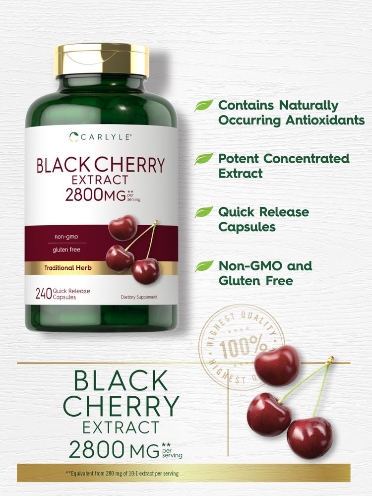 A hand holding a bottle of Black Cherry Extract 2800 mg, containing 240 quick-release capsules for dietary supplements.