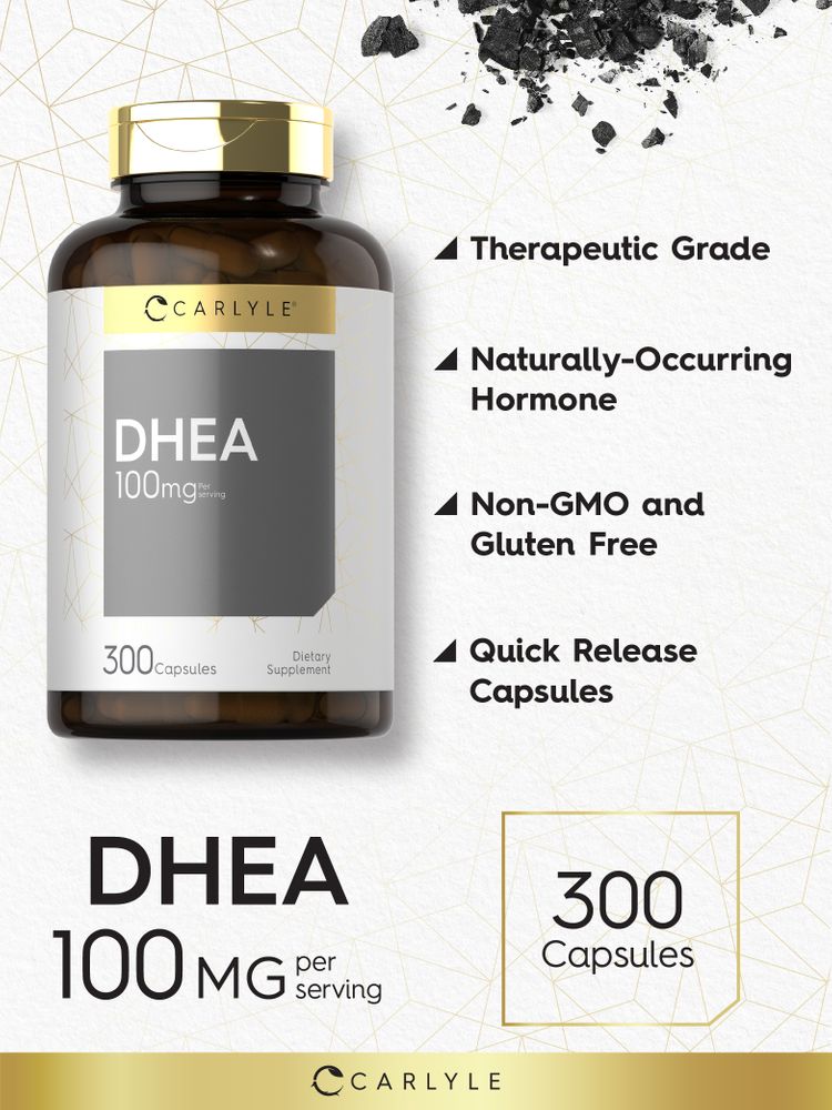 Carlyle DHEA 100 MG per serving, available in a bottle of 300 capsules, shown on a hand scale.