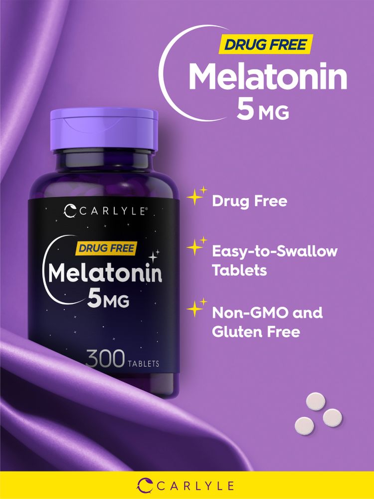 A hand with three round, white Melatonin 5 MG tablets resting on the palm.