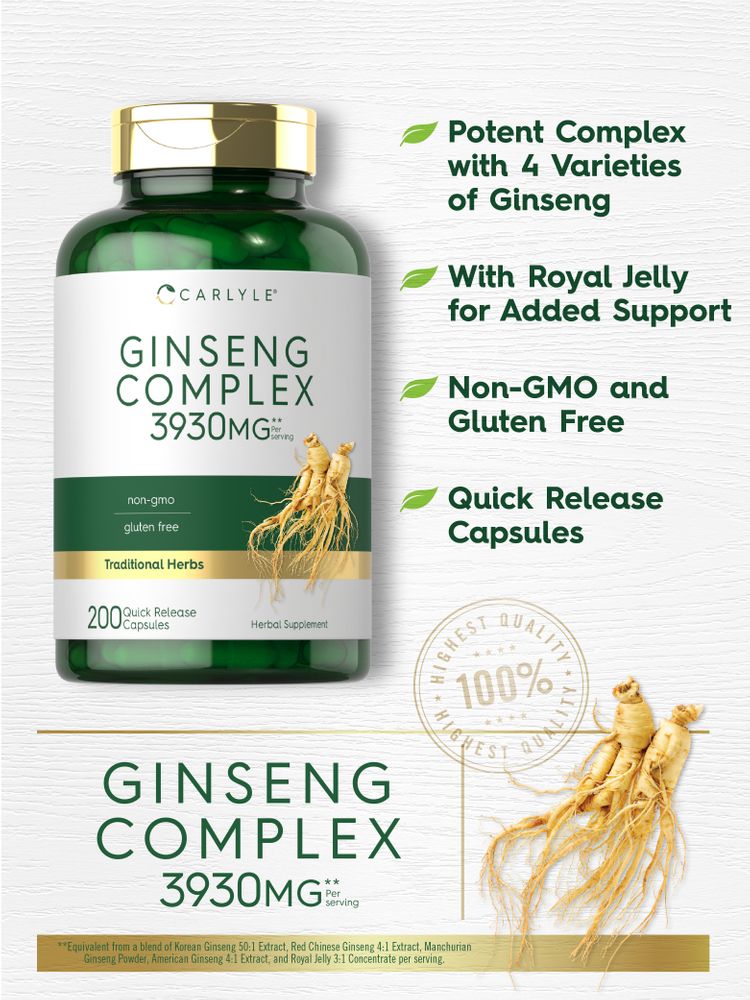 Bottle of Ginseng Complex 200 Quick Release Capsules alongside raw ginseng roots.