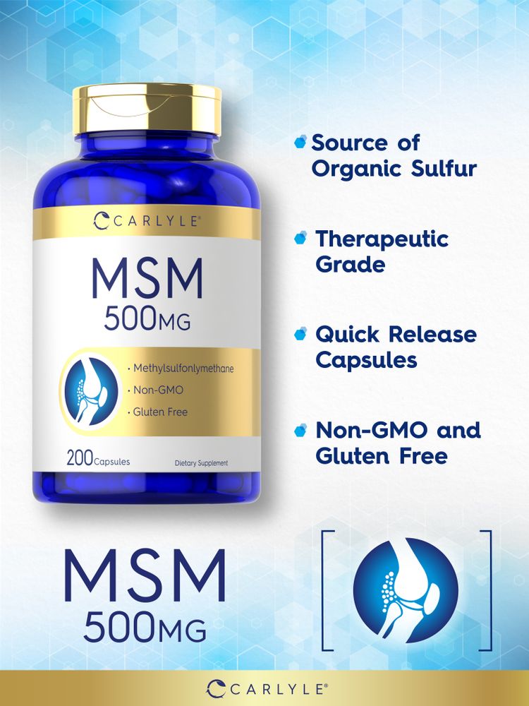 MSM 500 mg, 200 capsules on a hand scale for bulk measurement, suitable for health supplements and joint support.