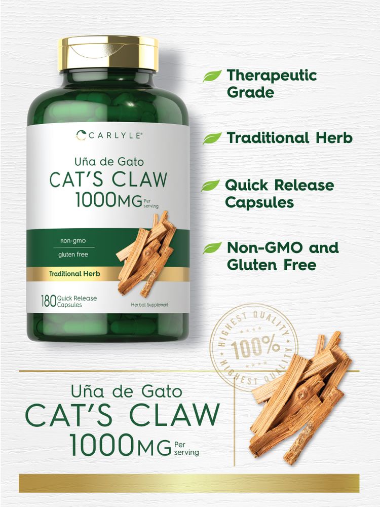 Cat's Claw 1000mg 180 Quick Release Capsules beside a pile of Cat's Claw bark.