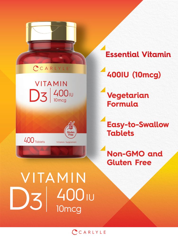Carlyle Vitamin D3 400 IU (10mcg), easy-to-swallow tablets, 400 count bottle shown on hand scale.