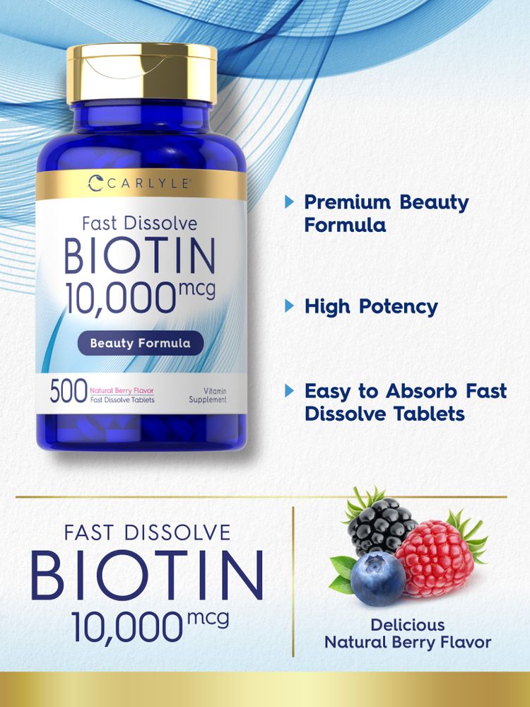 A hand holds a scale featuring a bottle of Biotin 10,000mcg with 500 fast dissolve tablets, emphasizing high potency and quick absorption.