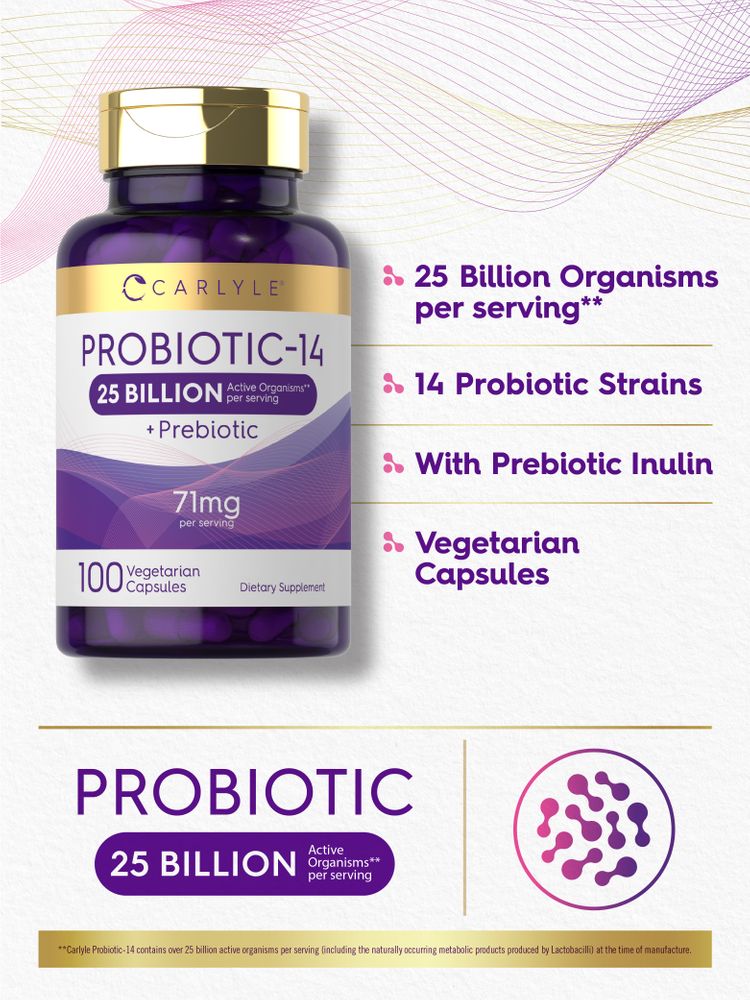 Carlyle Probiotic-14 bottle: 100 Vegetarian Capsules, 25 Billion Active Organisms per serving, with Prebiotic.