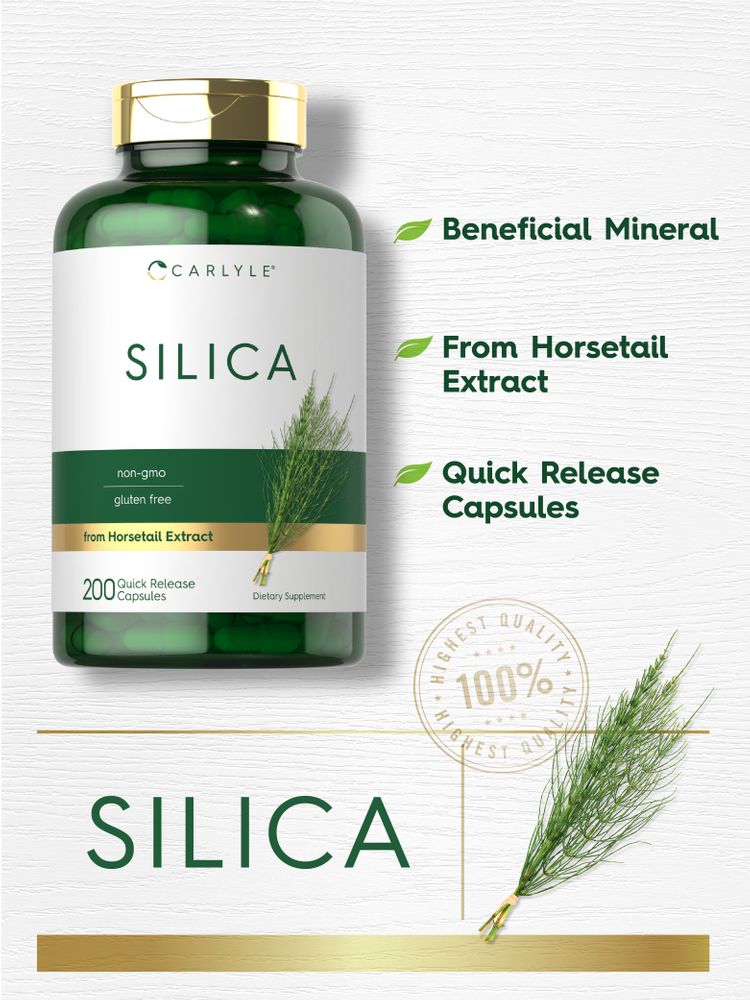 Hand holding a scale showing 200 capsules of Silica 500 mg, quick release.