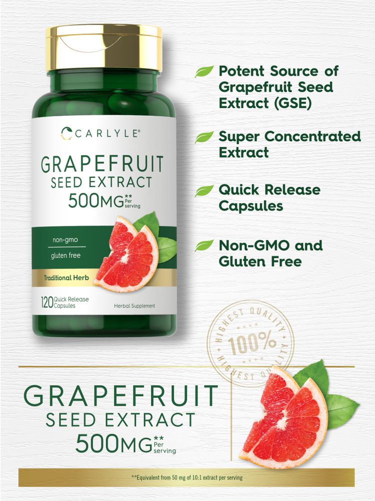 Image of Grapefruit Seed Extract 500MG 120 Quick Release Capsules, shown to highlight quantity and dosage.