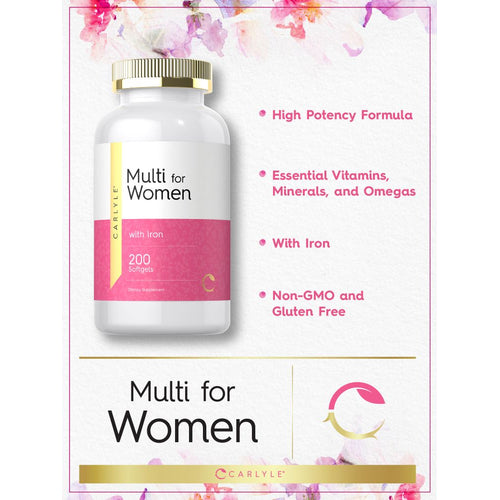 View 3 A bottle of Carlyle Multi for Women with Iron, featuring 200 softgels.