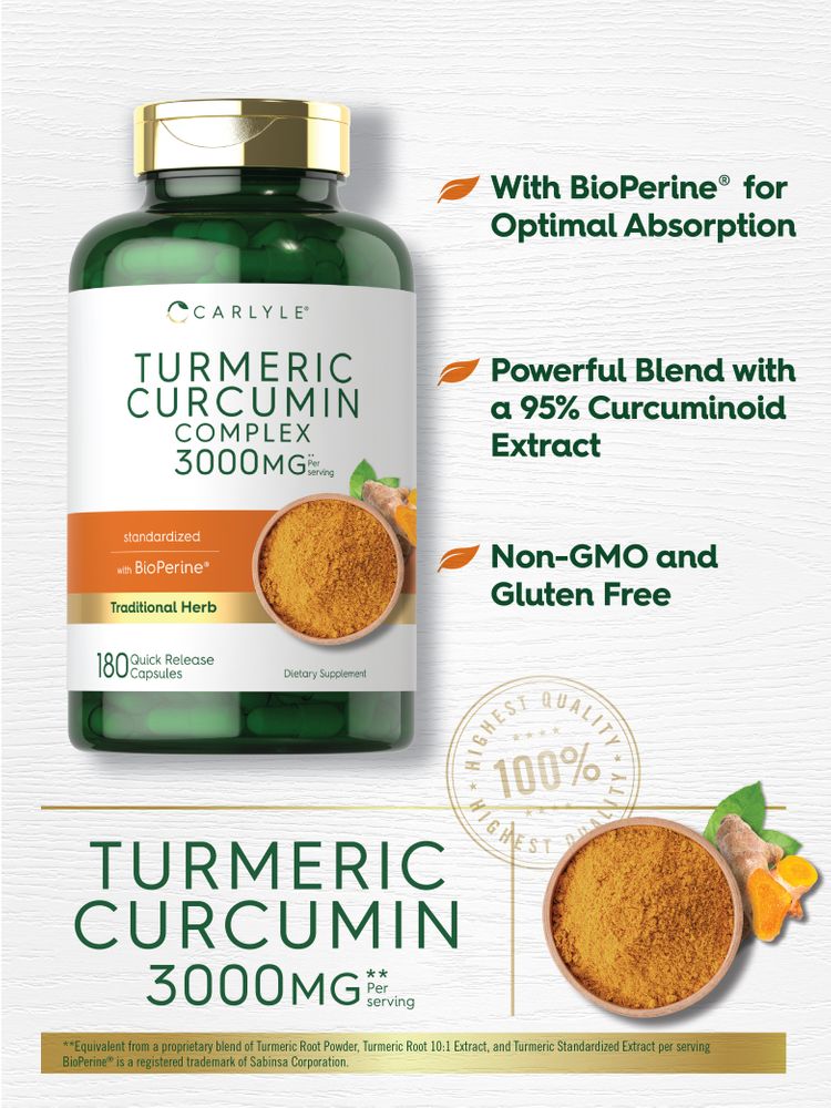 Hand holding a bottle of Turmeric Curcumin Complex 3000mg with 180 quick-release capsules.