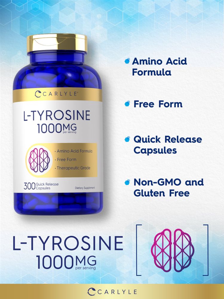 L-Tyrosine 1000mg capsules, quick release, 300 count, displayed on a hand scale.