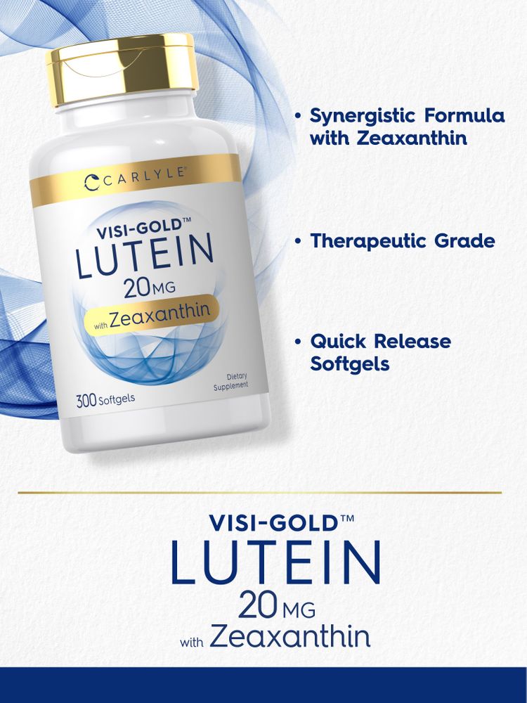 Carlyle Visi-Gold Lutein 20 mg with Zeaxanthin, pack of 300 softgels, shown on a hand scale.