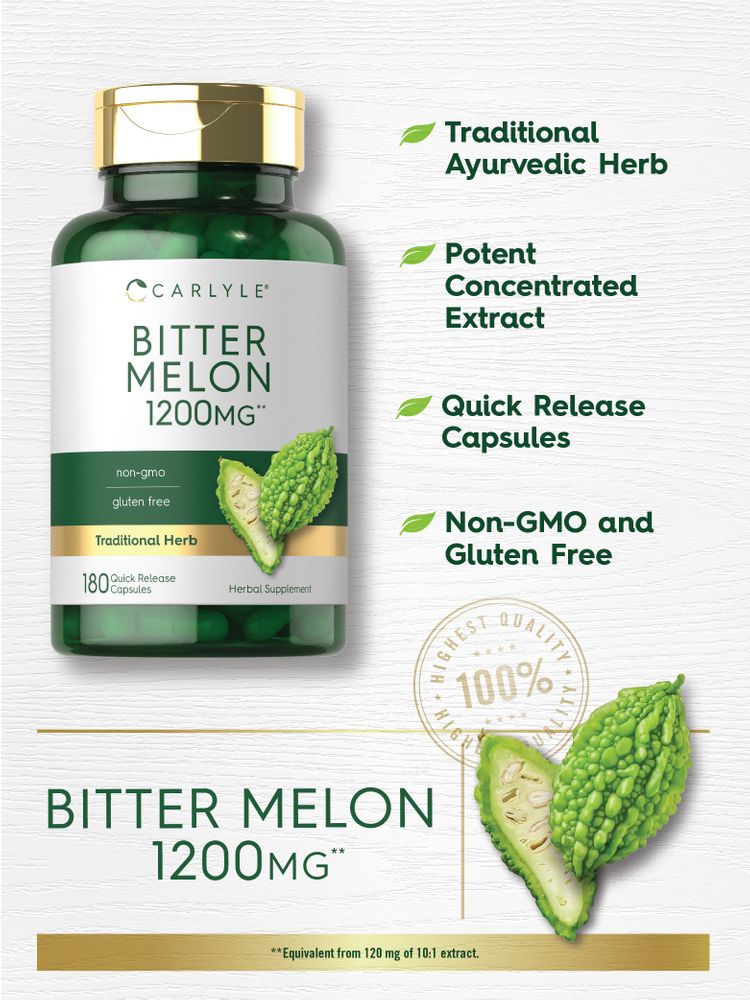 Carlyle Bitter Melon 1200 mg bottle with 180 quick release capsules on a hand scale.