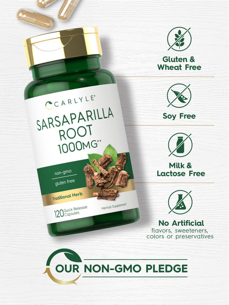 Sarsaparilla Root 1000 mg quick release capsules shown in a bulk container on a hand-held scale.