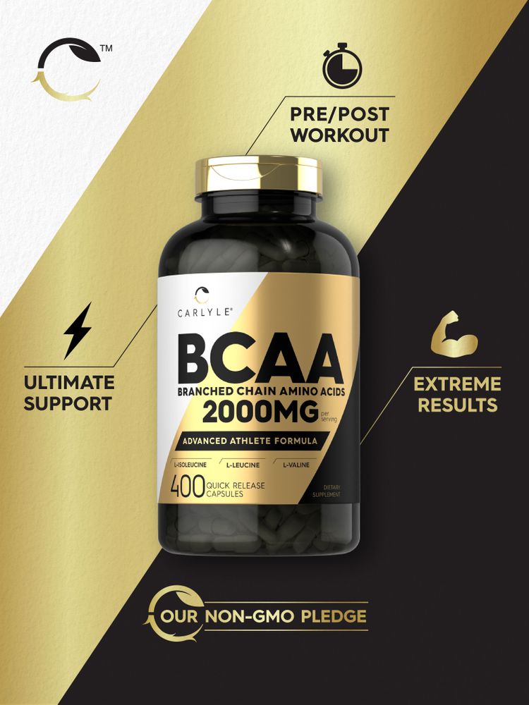 Carlyle BCAA Branched Chain Amino Acids, 2000mg per serving, 400 quick-release capsules, on a scale.