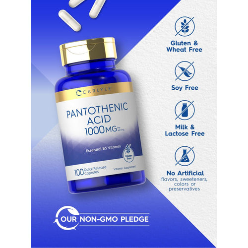 View 4 Pantothenic Acid bottle: Gluten & Wheat Free, Soy Free, Milk & Lactose Free, No Artificial Flavors/Sweeteners/Colors/Preservatives, Non-GMO