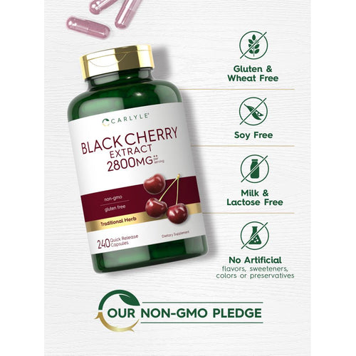 View 4 CL Black Cherry 2800 mg, 240 quick-release capsules shown on a hand scale for size reference.