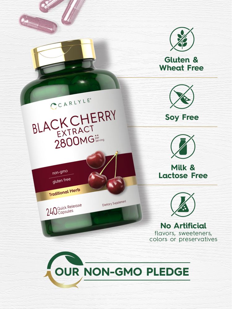 CL Black Cherry 2800 mg, 240 quick-release capsules shown on a hand scale for size reference.