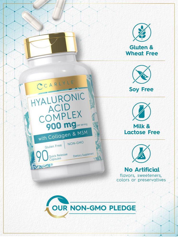 Clear capsules with white powder, showing Hyaluronic Acid Complex 900 mg per serving, placed on a hand scale.