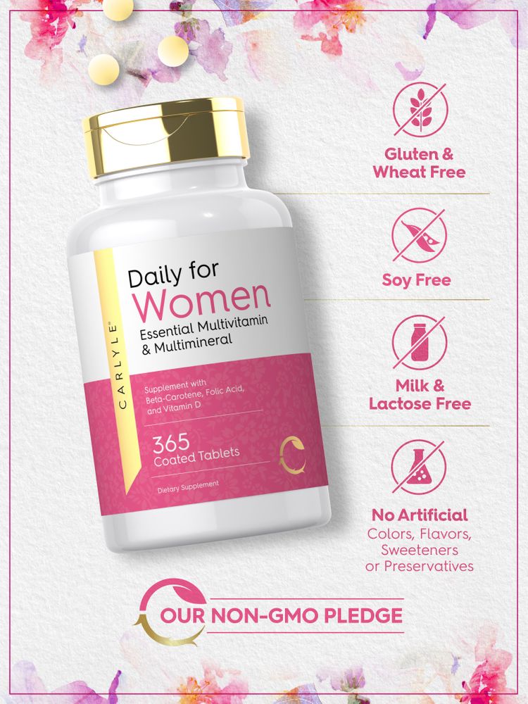 Carlyle Daily for Women Essential Multivitamin & Multimineral, 365 coated tablets on scale.