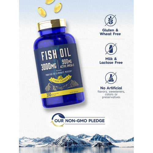 View 4 Hand holding a scale with Fish Oil 3000mg yellow softgels.