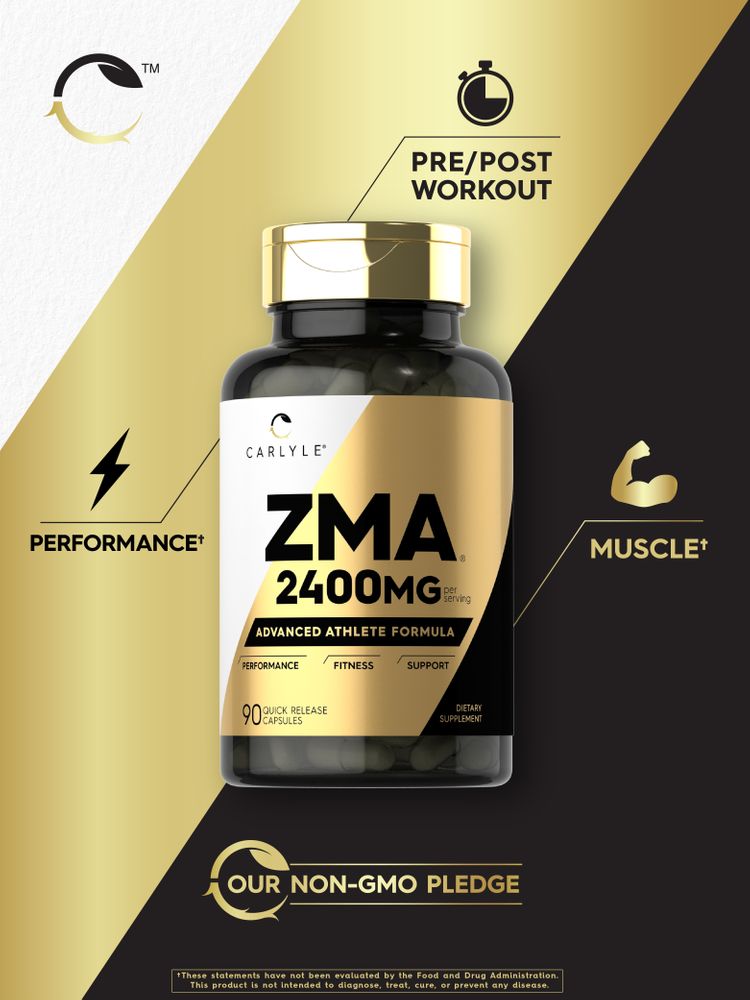 ZMA 2400 mg capsules, quick release, shown on hand scale for size reference with focus on the bottle and capsules.