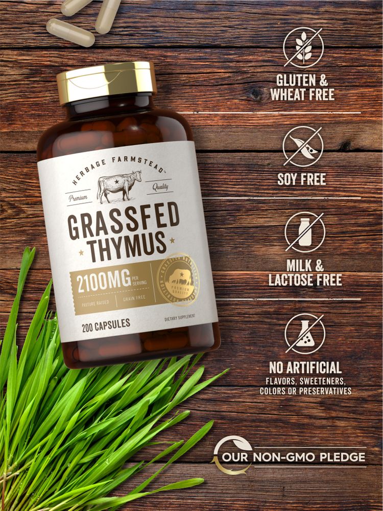 A hand holds five light beige capsules of Grass Fed Thymus Extract.