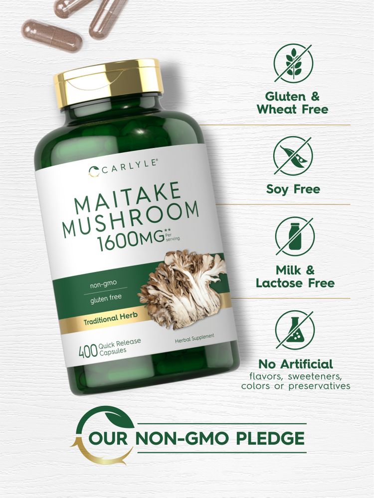 Maitake Mushroom bottle: Gluten & Wheat Free, Soy Free, Milk & Lactose Free, No Artificial Flavors/Sweeteners/Colors/Preservatives, Our Non-GMO Pledge