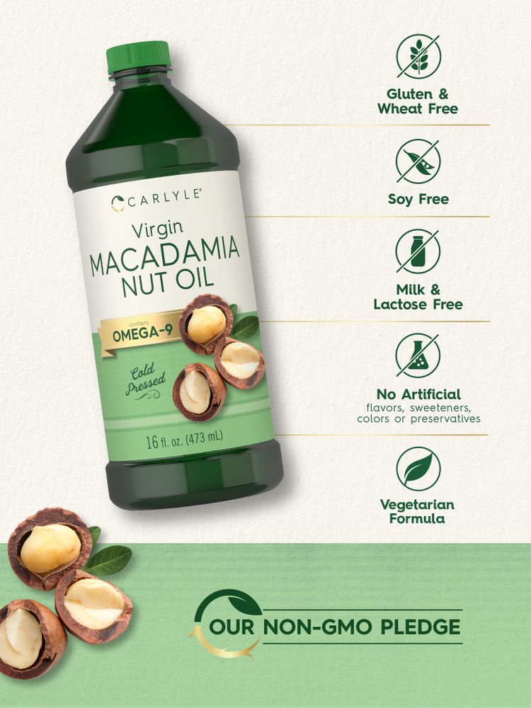 Carlyle Virgin Macadamia Nut Oil 16 fl. oz. (473 mL) bottle shown with shelled and unshelled macadamia nuts.