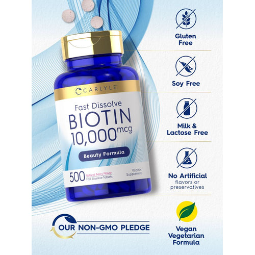 View 4 Three round, speckled Biotin 10,000mcg Fast Dissolve tablets on a hand.