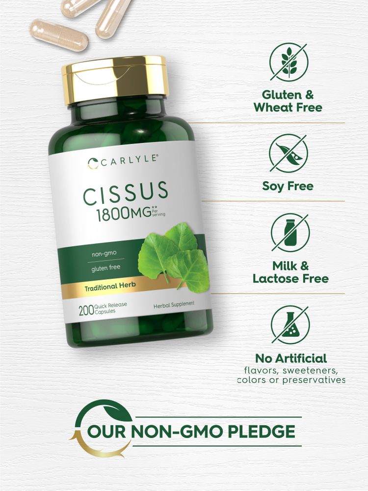 Cissus bottle: Gluten & Wheat Free, Soy Free, Milk & Lactose Free, No Artificial Flavors/Sweeteners/Colors/Preservatives, Non-GMO
