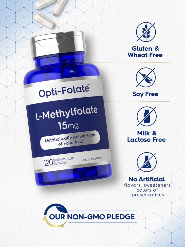 White quick release capsules scattered and in a blue bottle of Opti-Folate L-Methylfolate 15mg.
