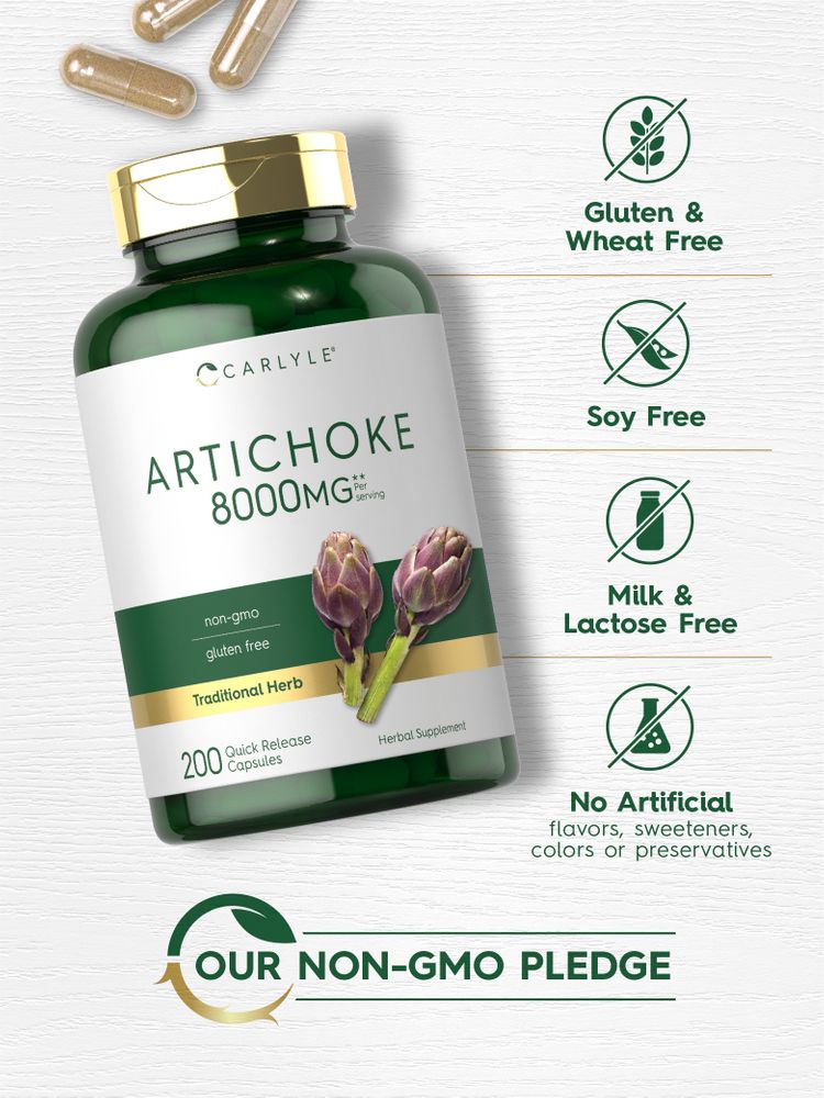 Carlyle Artichoke 8000 mg Quick Release Capsules displayed on a hand scale, showing bulk quantity.