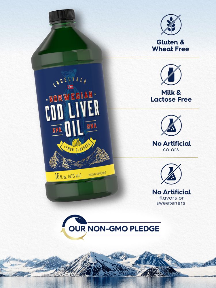 A 16 fl. oz. (473 mL) bottle of Norwegian Cod Liver Oil, lemon flavored.