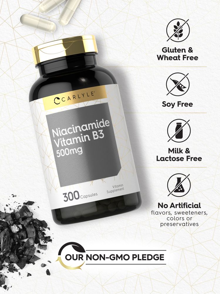 A hand holds a bottle of Niacinamide Vitamin B3 500mg with 300 capsules.