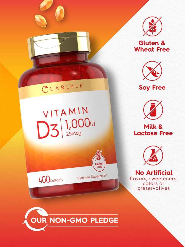 Hand holding Vitamin D3 1,000 IU (25mcg) softgels.