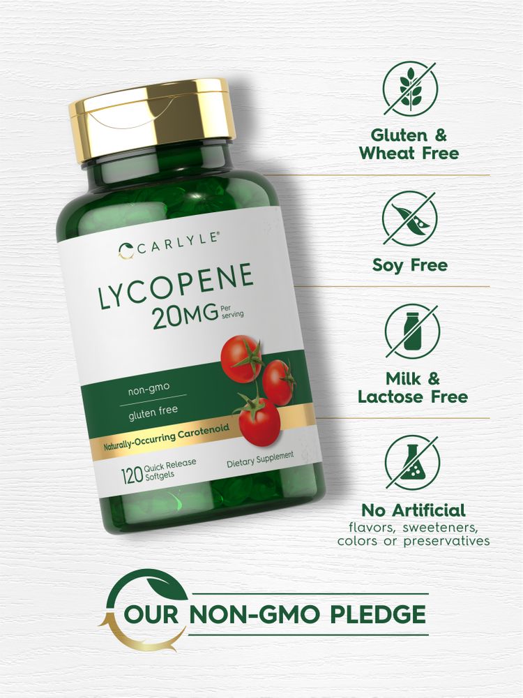 Lycopene bottle: Gluten & Wheat Free, Soy Free, Milk & Lactose Free, No Artificial Flavors/Sweeteners/Colors/Preservatives, Non-GMO