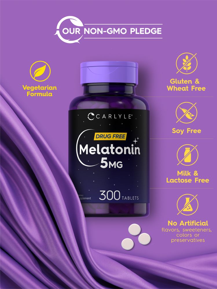 A hand holding three white, round Carlyle Melatonin 5mg tablets.