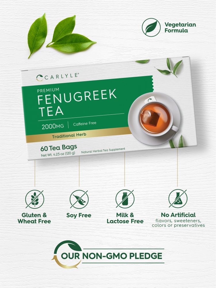Image of Fenugreek Tea Bags, 2000mg per serving, 60 count, weighing 4.23 oz (120 g) on a hand-held scale.