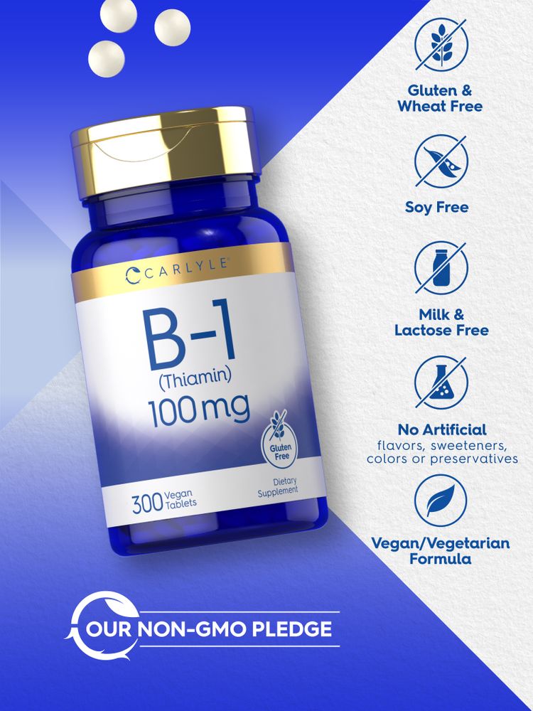 Three white round tablets, each 100 mg of B-1 (Thiamin), displayed on a hand scale.