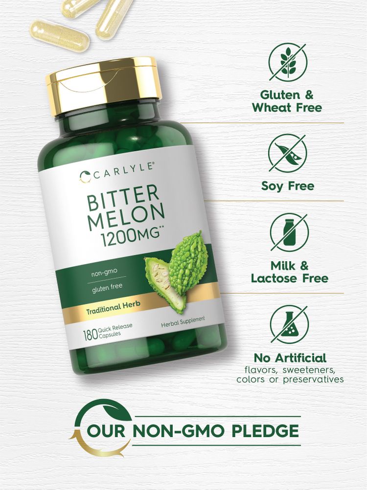 A hand holds a bottle of Bitter Melon 1200 mg Quick Release Capsules for accurate scale and product size representation.