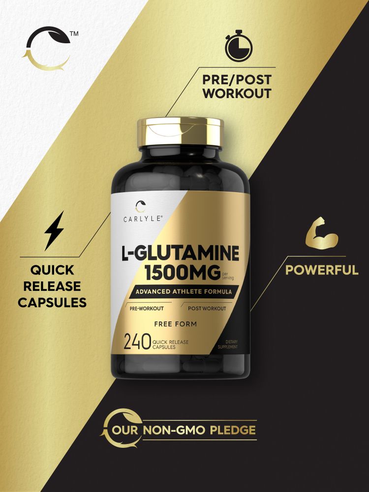 Carlyle L-Glutamine 1500 mg, 240 quick-release capsules shown on a hand scale.
