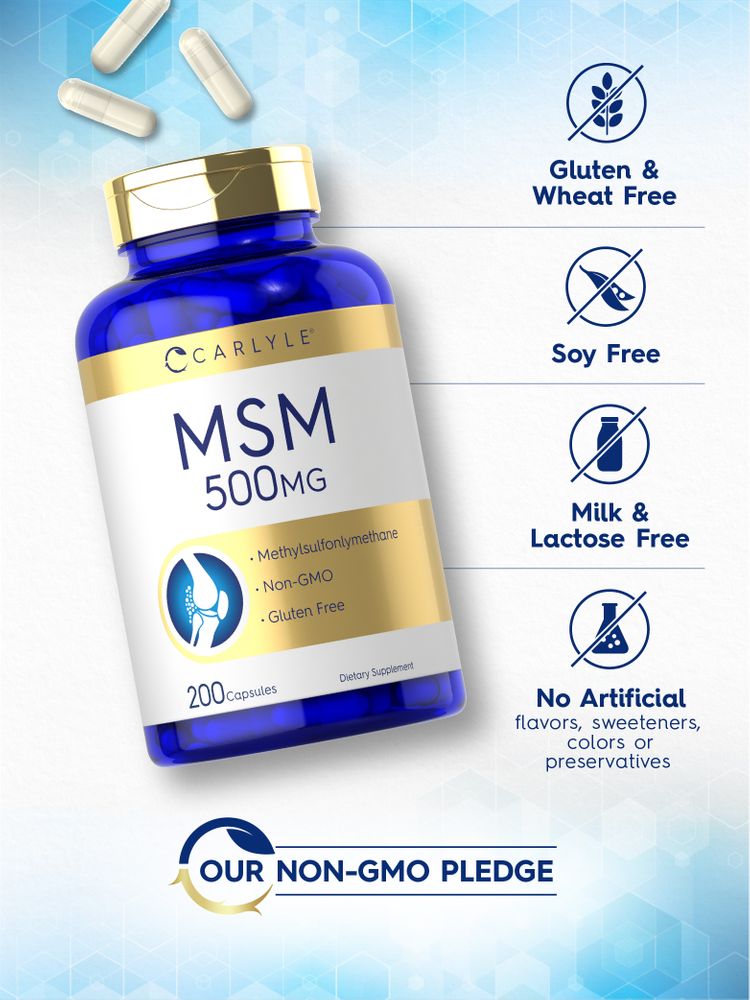 A hand holds three white MSM 500 mg capsules, displayed on a scale for measurement.
