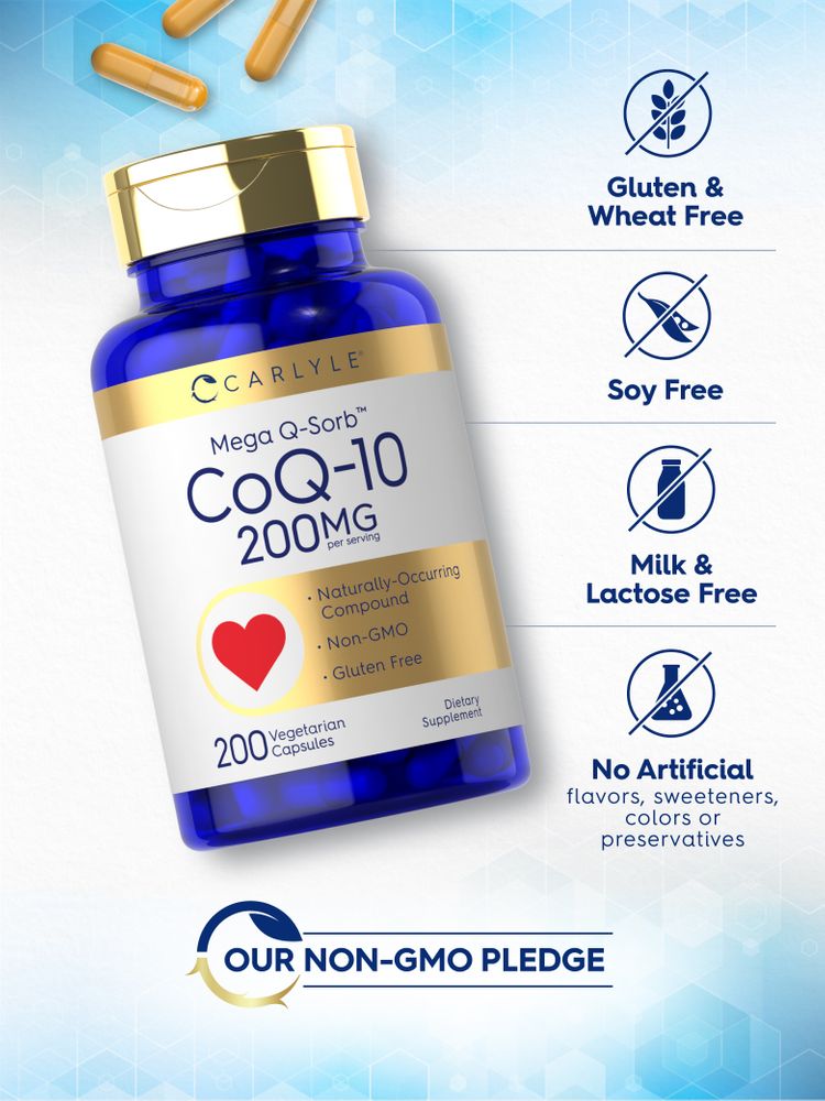 CoQ-10 bottle: Gluten & Wheat Free, Soy Free, Milk & Lactose Free, No Artificial Flavors/Sweeteners/Colors/Preservatives, Non-GMO