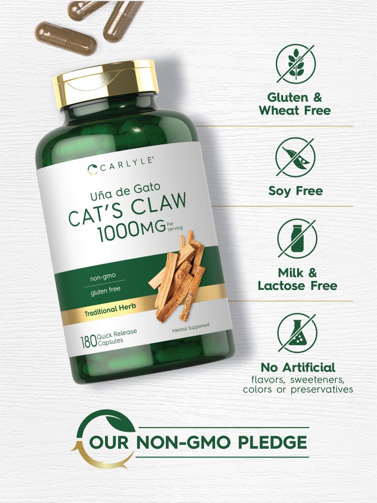 A hand holding bulk Brown Cat's Claw 1000mg quick release capsules, emphasizing product size and scale.