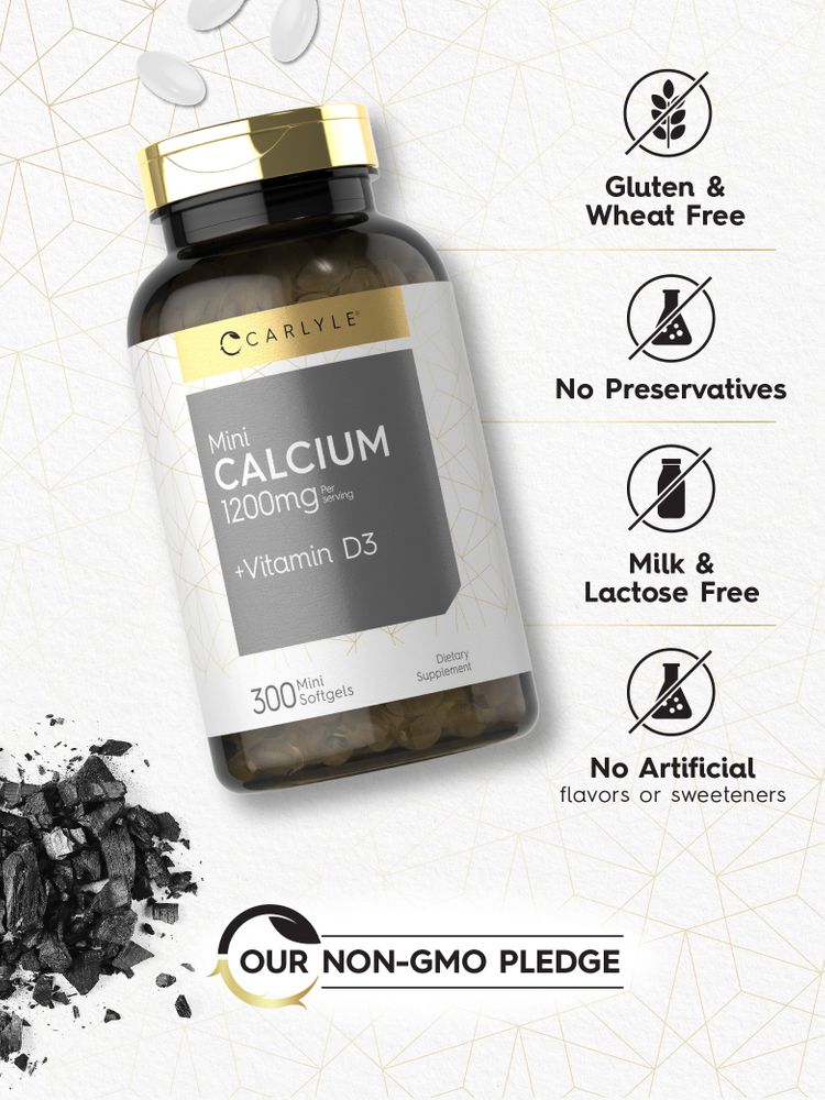 White, oval mini softgels of CL Carlyle Mini Calcium 1200mg plus D3 displayed on a bulk scale.